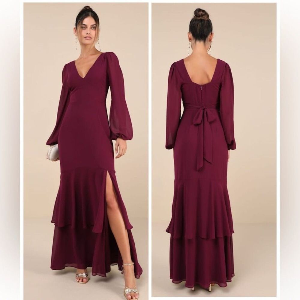 Lulus Tier Elegance Plum Purple Long Sleeve Tiered Maxi Dress Size XXL Formal